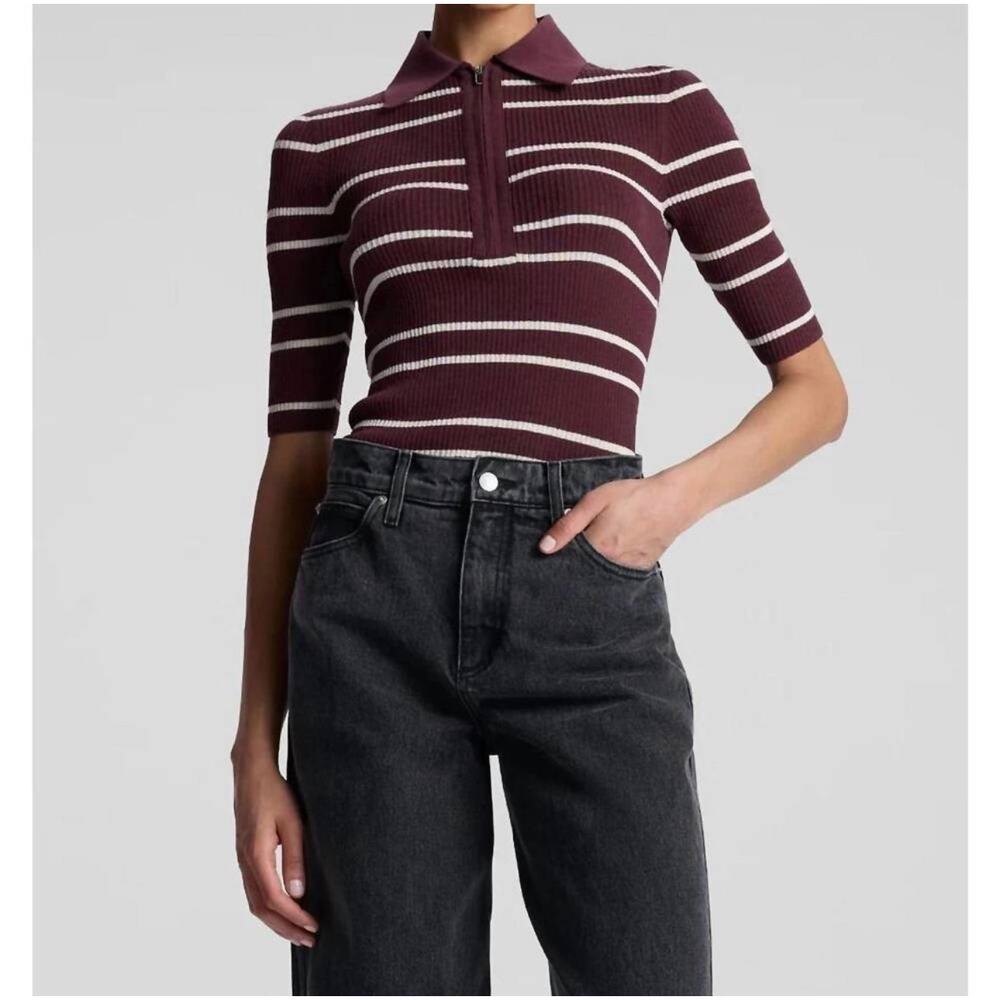 A.L.C Cooper Stripe Knit Half Sleeve Polo Shirt Carob White Stripe Size Medium